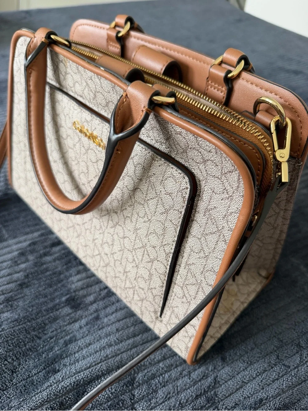 Calvin Klein Tan and Cream Signature Satchel with Shoulder Strap